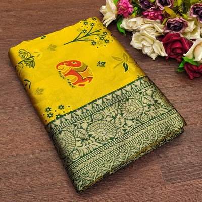Kanjivaram Woven, Embroidered, Self Design Kanjivaram Pure Silk, Jacquard Saree(Yellow)