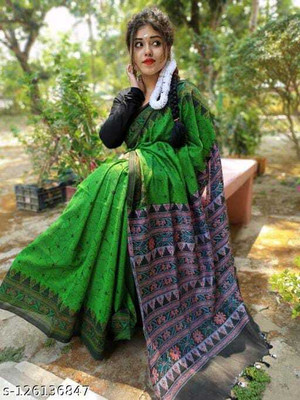 Bhadra Shopping Store Printed Sambalpuri Viscose Rayon, Cotton Blend Saree(Green)