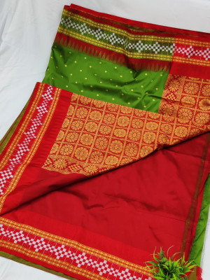 Sijileen Temple Border, Woven Sambalpuri Silk Blend Saree(Light Green)