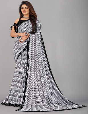 Mandani & Co. Embellished, Striped Bollywood Georgette, Chiffon Saree(Black, White)