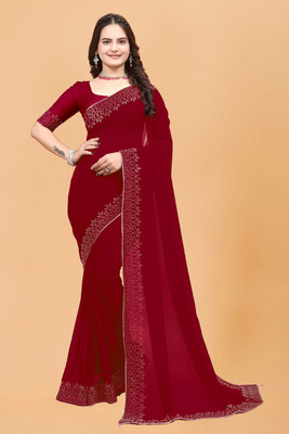 Lajamani Fashion Solid/Plain Bollywood Georgette Saree(Red)