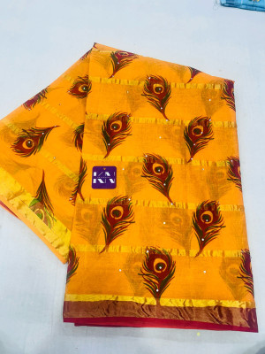 KRISHNA NX Printed Bandhani Pure Cotton Saree(Gold)