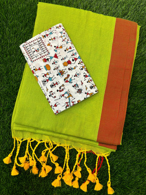 SMRITI BOUTIQUE Printed Bollywood Handloom Pure Cotton Saree(Light Green, Red, Multicolor)