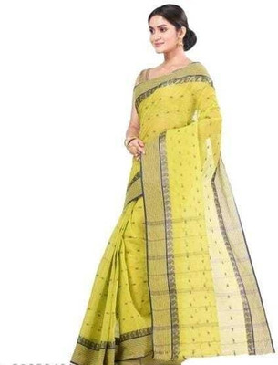 Sthaker Printed Handloom Cotton Blend Saree(Yellow)