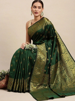 Pari Prints Digital Print Banarasi Cotton Silk, Jacquard Saree(Dark Green)