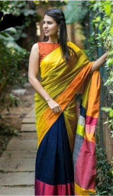 GOLU Color Block Handloom Cotton Silk Saree(Blue, Yellow)