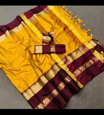 varnis fab Woven Bollywood Jacquard, Cotton Silk Saree(Mustard)