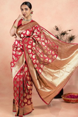 SUBHAM Woven, Embellished Banarasi Silk Blend Saree(Red, Gold)