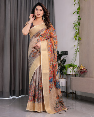 KB DESIGNER Printed, Woven, Floral Print Madhubani Linen Saree(Multicolor)
