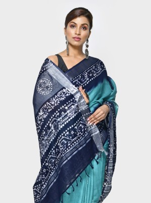 crochetin Printed Handloom Cotton Linen Saree(Dark Blue, Light Blue)