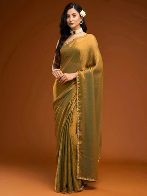 Praveena Designer Self Design Bollywood Silk Blend Saree(Gold)