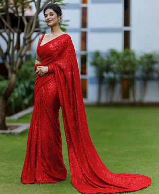 SANSKAR TEXTILE Embroidered, Embellished Bollywood Georgette Saree(Red)