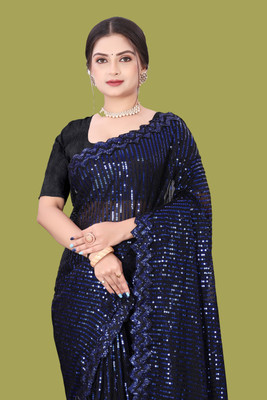 hesika Embroidered Daily Wear Net Saree(Blue)