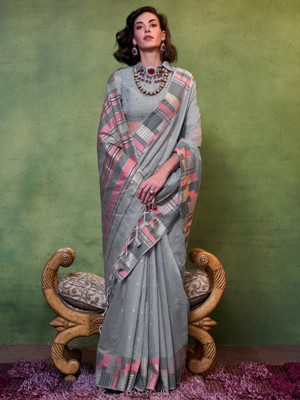 Sareemall Woven Banarasi Silk Blend Saree(Grey)