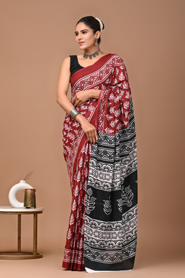 Tetarwal Printed Daily Wear Pure Cotton Saree(Red, Blue)