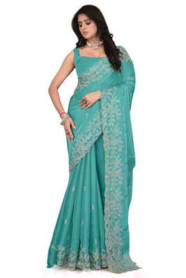Brahmani Creation Embroidered Banarasi Georgette Saree(Blue)