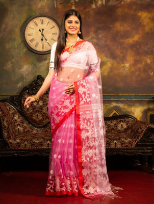 ADbutiq Digital Print Jamdani Handloom Muslin Saree(White, Red)