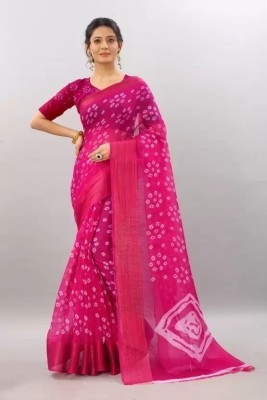 Upalksh Printed Bandhani Cotton Silk Saree(Pink)