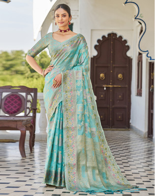 Satrani Woven, Embellished Banarasi Silk Blend Saree(Light Blue)