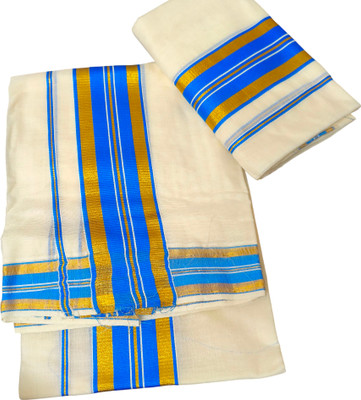 South Weavers Solid/Plain Kasavu Cotton Blend Saree(Cream)