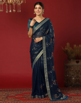 Samah Embellished, Embroidered Bollywood Georgette, Chiffon Saree(Blue)