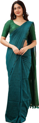 JHIILU Solid/Plain Handloom Cotton Blend Saree(Green)