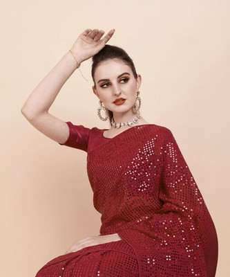 Clemira Checkered, Embellished Bollywood Georgette Saree(Maroon)