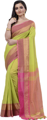DipDiya Temple Border Handloom Cotton Blend Saree(Multicolor)