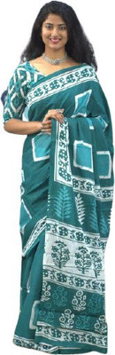 Clothonus Printed, Self Design, Hand Painted, Blocked Printed, Graphic Print Ikkat Pure Cotton Saree(Green)