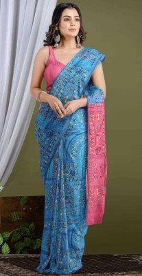 Tantikatha Printed Handloom Cotton Silk Saree(Pink, Light Blue)