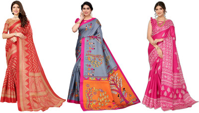 YASHIKA Woven Kasavu Art Silk Saree(Pack of 3, Red, Grey, Pink)
