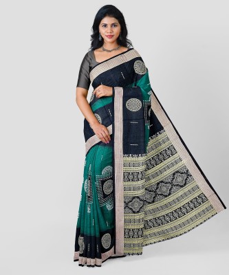 ETHNIC ODISHA HANDLOOM Printed, Digital Print, Geometric Print, Checkered, Polka Print, Graphic Print Sambalpuri Pure Cotton Saree(Green)