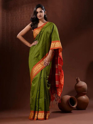 Lakshmi Boutique Solid/Plain, Woven, Self Design Handloom Handloom Cotton Silk Saree(Light Green)