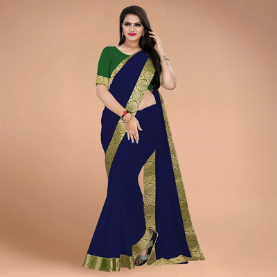 Volmina Solid/Plain, Woven Chanderi Cotton Blend Saree(Dark Blue)