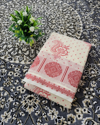 Ss sarees Printed Banarasi Cotton Silk Saree(Cream, Red)