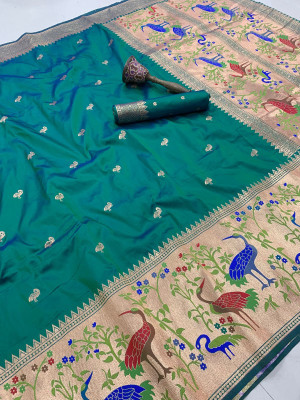 HouseOfCommon Woven Paithani Cotton Silk Saree(Green)
