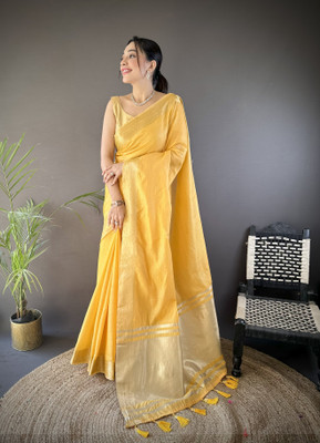 SHARDHA FASHION Woven, Self Design Banarasi Pure Silk, Tissue Saree(Black, Yellow, Multicolor)