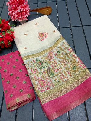 AARAANA Printed Kanjivaram Linen Saree(Cream)
