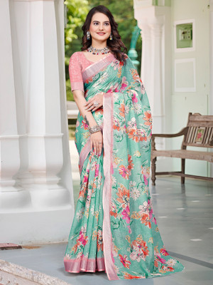 Anouk Rustic Digital Print Chinnalapattu Cotton Linen Saree(Light Green)