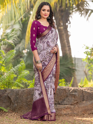 ANOUK Printed Pochampally Viscose Rayon Saree(Purple)