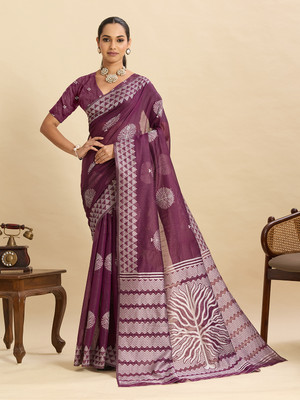 HouseOfCommon Printed, Woven Bhagalpuri Cotton Silk Saree(Purple)
