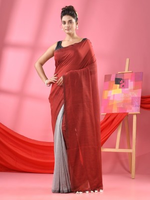 Adhikari Enterprises Solid/Plain Handloom Cotton Blend Saree(Red, White)