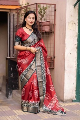 STAVA CREATION Printed Bollywood Cotton Blend Saree(Red)