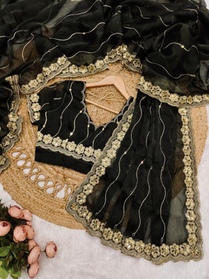 HERVALLY Embroidered, Embellished Bollywood Brasso, Jute Silk Saree(Black)