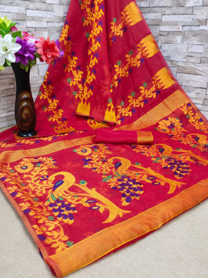 Vedant Vastram Self Design Jamdani Cotton Blend Saree(Pack of 2, Red)