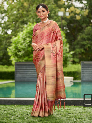 KARAGIRI Floral Print Bollywood Satin Saree(Pink)