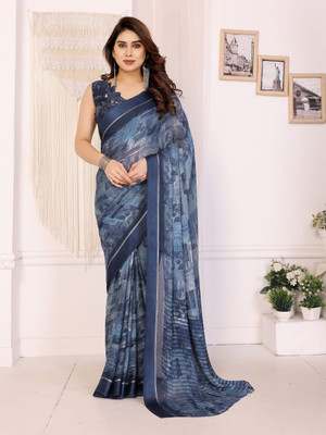 Margi Designers Printed, Floral Print Bollywood Satin Saree(Dark Blue)