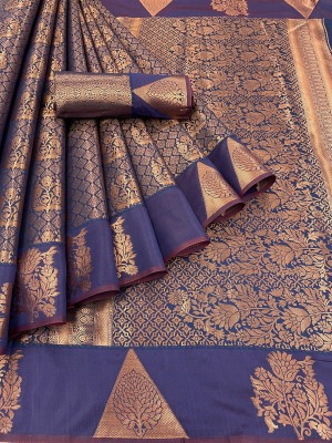 SSP TEX Woven Kanjivaram Silk Blend, Pure Silk Saree(Dark Blue, Gold)