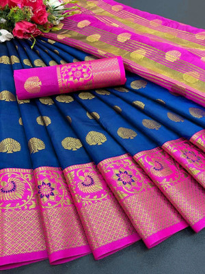 Pionex Woven Banarasi Cotton Silk Saree(Blue)