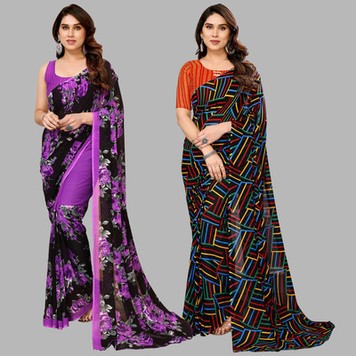 kashvi sarees Self Design, Printed Daily Wear Georgette Saree(Pack of 4, Purple, Black, Multicolor)